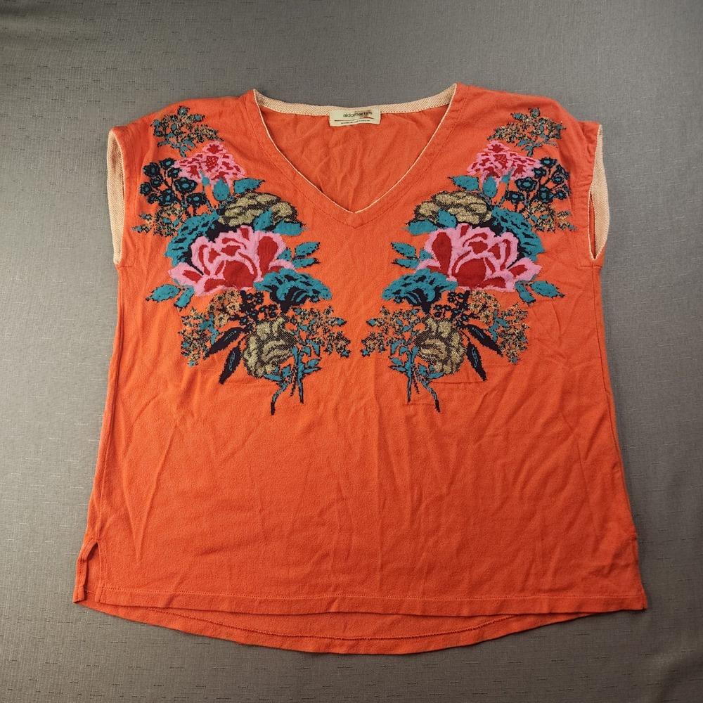 Aldomartins Coral Pink Floral Knit V-Neck Top Boho Chic Large